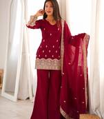Women's Beautiful Embroidery Work Crunchy Silk Fabric Straight Kurta Pant and Dupatta Set