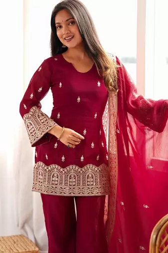 Women's Beautiful Embroidery Work Crunchy Silk Fabric Straight Kurta Pant and Dupatta Set