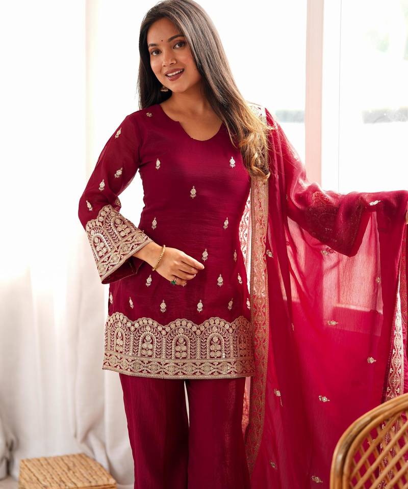 Women's Beautiful Embroidery Work Crunchy Silk Fabric Straight Kurta Pant and Dupatta Set