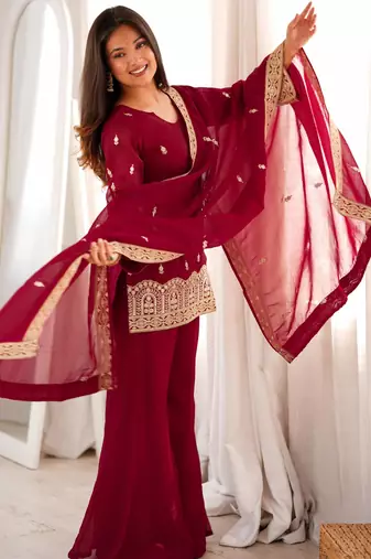 Women's Beautiful Embroidery Work Crunchy Silk Fabric Straight Kurta Pant and Dupatta Set