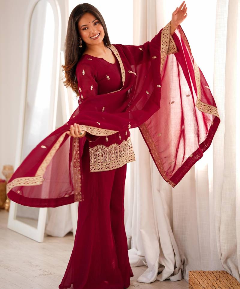 Women's Beautiful Embroidery Work Crunchy Silk Fabric Straight Kurta Pant and Dupatta Set
