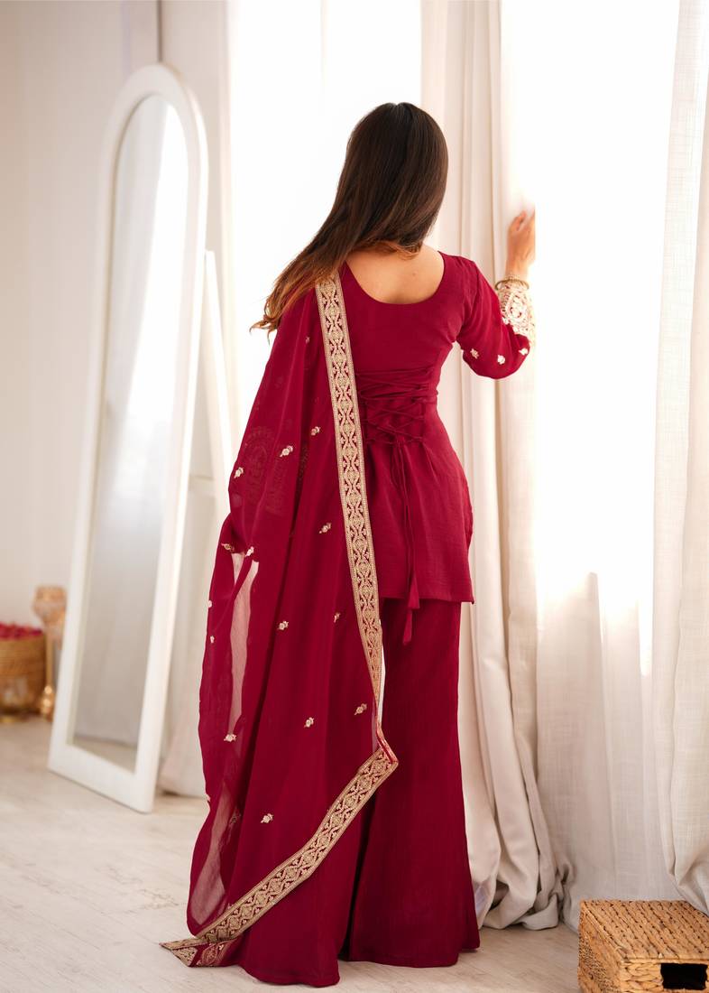 Women's Beautiful Embroidery Work Crunchy Silk Fabric Straight Kurta Pant and Dupatta Set