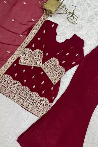 Women's Beautiful Embroidery Work Crunchy Silk Fabric Straight Kurta Pant and Dupatta Set