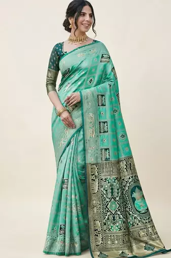 Turquoise and green cotton silk saree