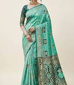Turquoise and green cotton silk saree