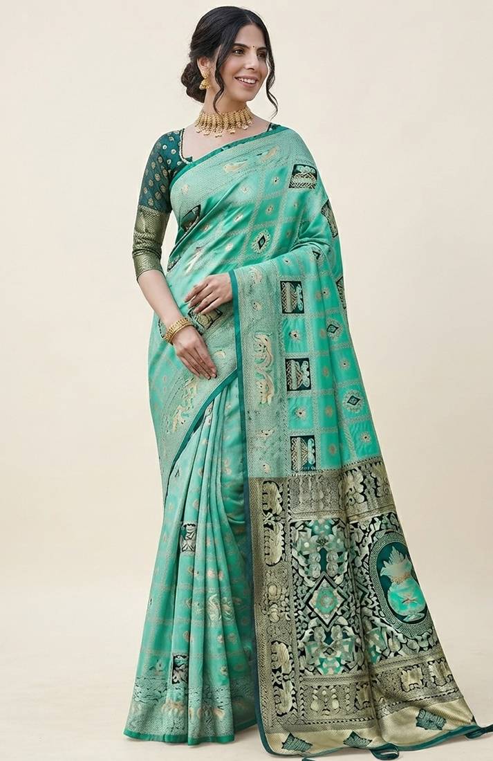 Turquoise and green cotton silk saree