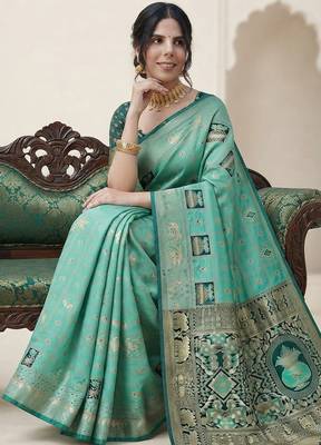 Turquoise and green cotton silk saree 2