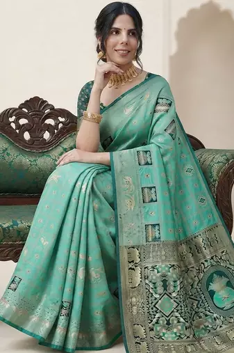 Turquoise and green cotton silk saree