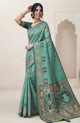 Turquoise and green cotton silk saree 3