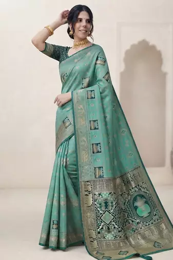 Turquoise and green cotton silk saree