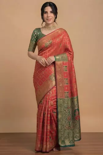 Red and green cotton silk saree