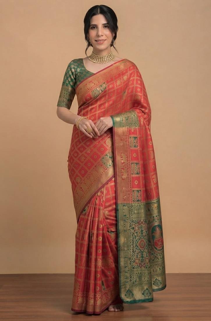 Red and green cotton silk saree