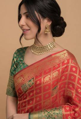 Red and green cotton silk saree 2