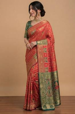 Red and green cotton silk saree 3