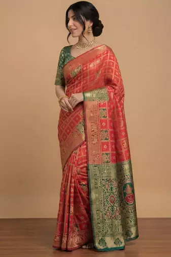 Red and green cotton silk saree