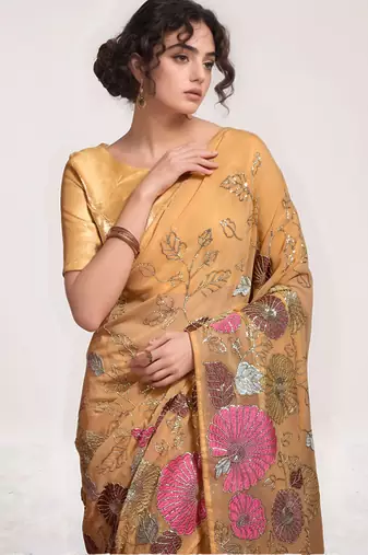 georgette chiku designer thread sequance embroidery work saree