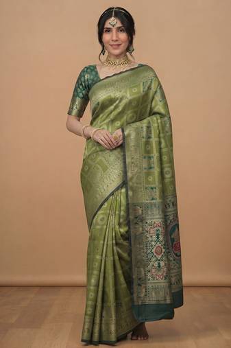 Pistachio green cotton silk saree