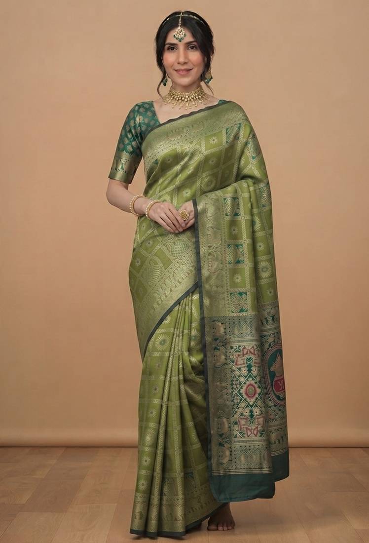 Pistachio green cotton silk saree