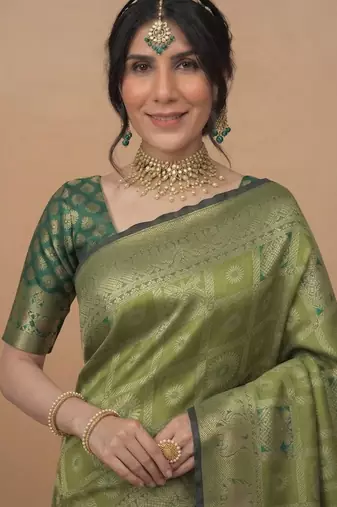 Pistachio green cotton silk saree