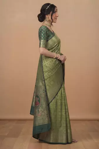 Pistachio green cotton silk saree