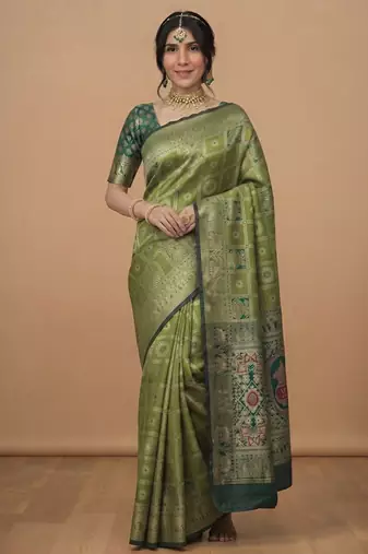 Pistachio green cotton silk saree