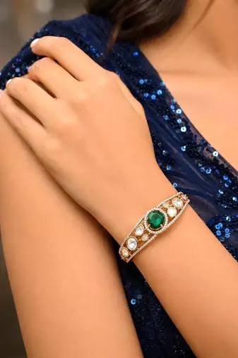 Emerald Green Kundan Bracelet, Gold Tone CZ Bangle, Indian Bridal Statement Wedding Kada