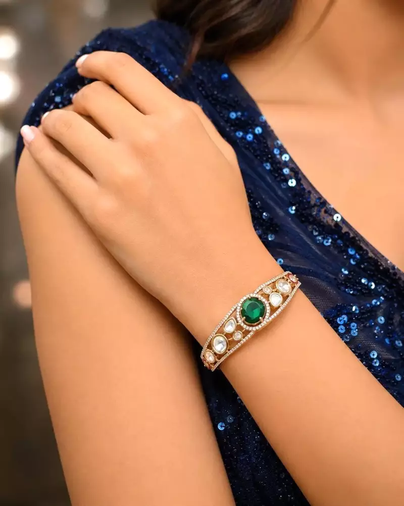 Emerald Green Kundan Bracelet, Gold Tone CZ Bangle, Indian Bridal Statement Wedding Kada