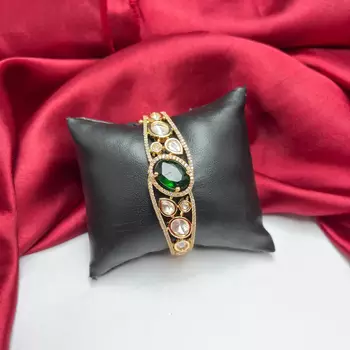 Emerald Green Kundan Bracelet, Gold Tone CZ Bangle, Indian Bridal Statement Wedding Kada 2