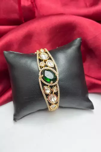 Emerald Green Kundan Bracelet, Gold Tone CZ Bangle, Indian Bridal Statement Wedding Kada