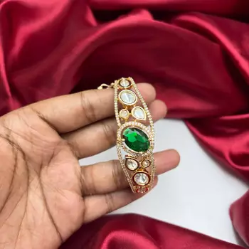Emerald Green Kundan Bracelet, Gold Tone CZ Bangle, Indian Bridal Statement Wedding Kada 3