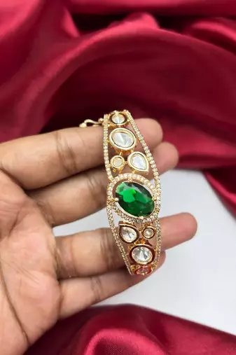 Emerald Green Kundan Bracelet, Gold Tone CZ Bangle, Indian Bridal Statement Wedding Kada
