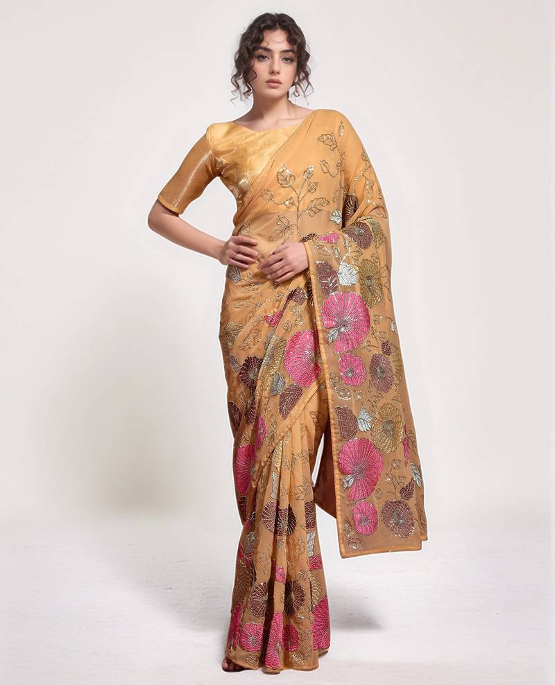 georgette chiku designer thread sequance embroidery work saree