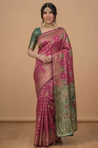 Pink green cotton silk saree