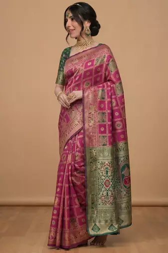 Pink green cotton silk saree