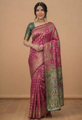 Pink green cotton silk saree 3