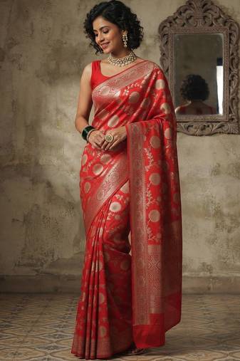 Red banarasi silk blend saree with zari motifs