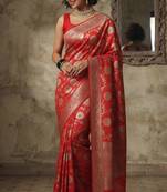 Red banarasi silk blend saree with zari motifs