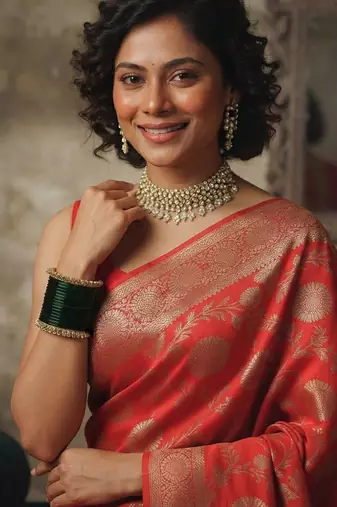 Red banarasi silk blend saree with zari motifs