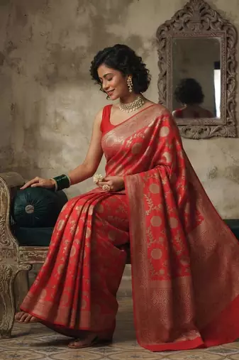 Red banarasi silk blend saree with zari motifs