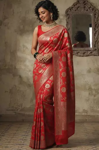 Red banarasi silk blend saree with zari motifs