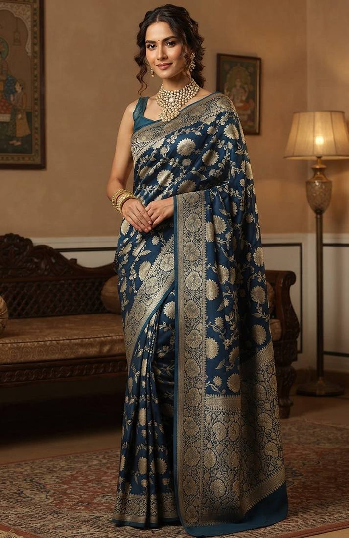 Navy heritage banarasi silk blend saree