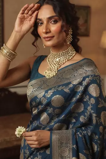 Navy heritage banarasi silk blend saree