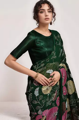 georgette green designer thread sequance embroidery work saree