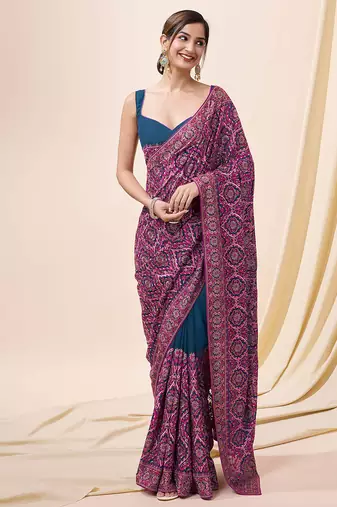 morpeach silk blend embroidery work saree with unstitch blouse piece 