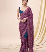 morpeach silk blend embroidery work saree with unstitch blouse piece 