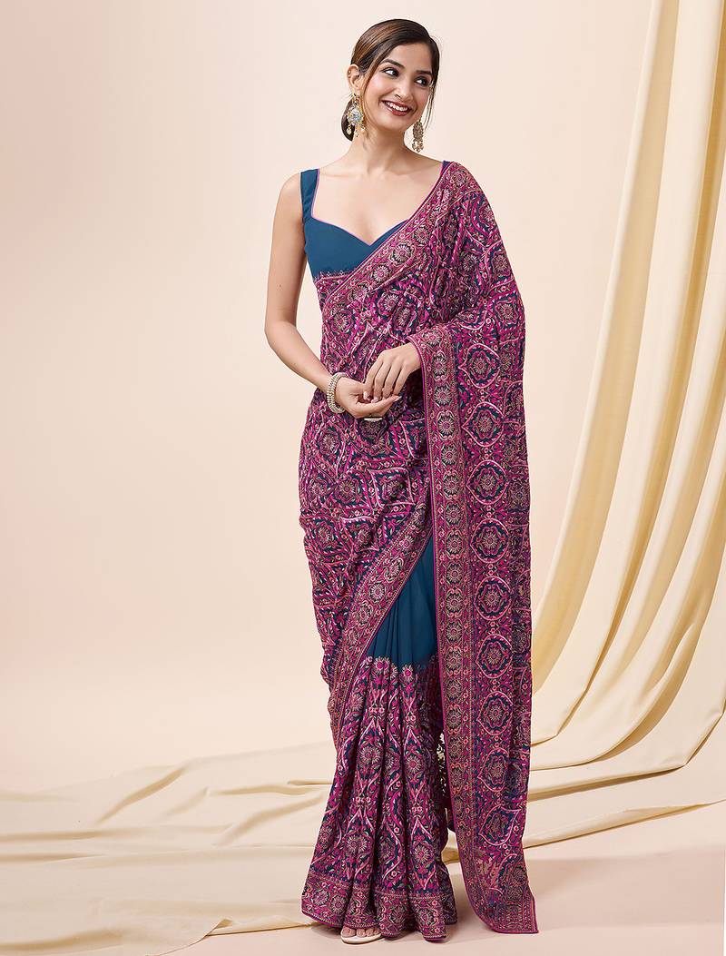 morpeach silk blend embroidery work saree with unstitch blouse piece 
