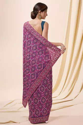morpeach silk blend embroidery work saree with unstitch blouse piece 