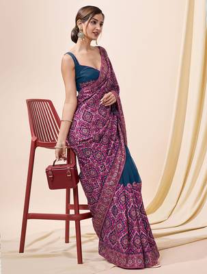 morpeach silk blend embroidery work saree with unstitch blouse piece  3