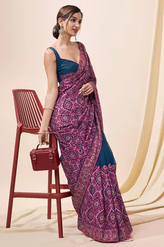 morpeach silk blend embroidery work saree with unstitch blouse piece 