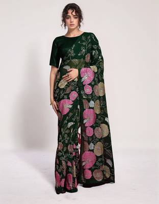 georgette green designer thread sequance embroidery work saree 1
